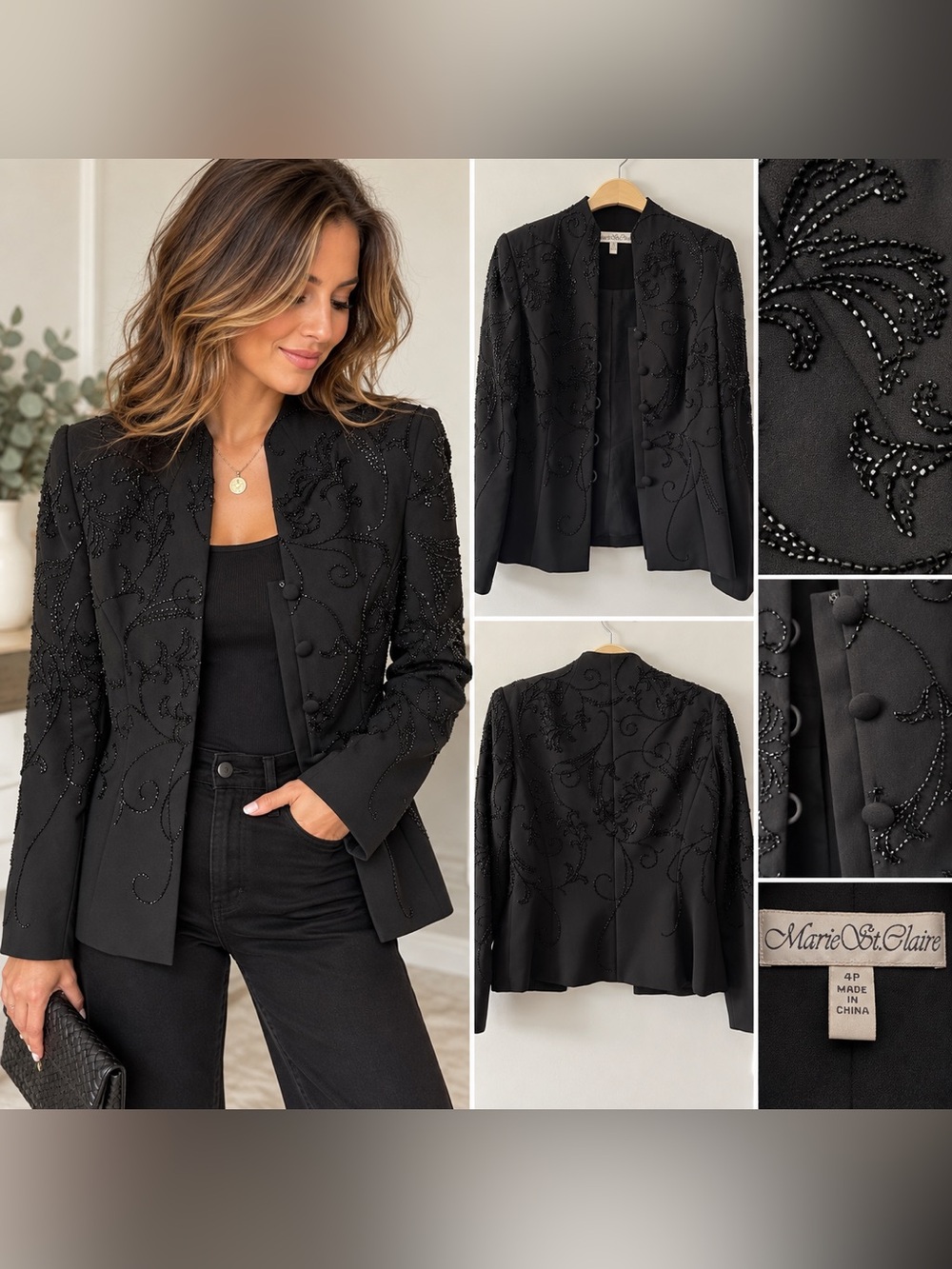 Marie St. Claire Black Beaded Evening Blazer Jacket - Size 4P